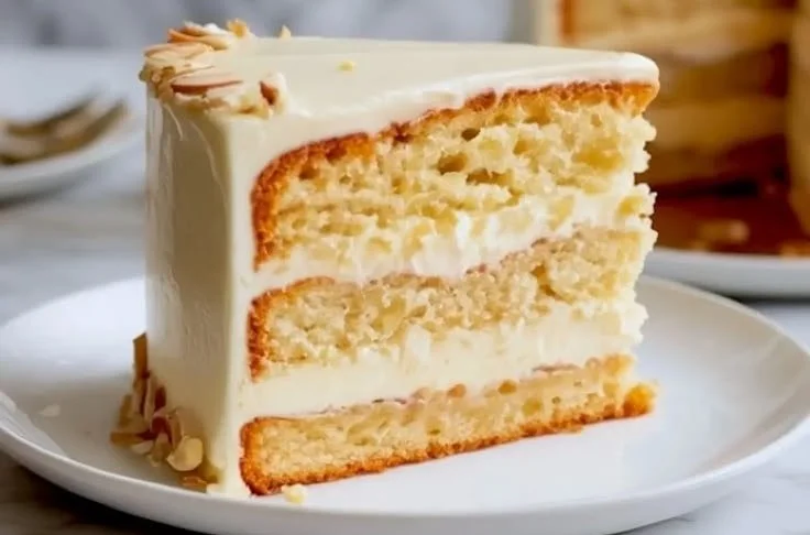 Slices of moist Almond Amaretto Cake topped with almonds and drizzled with amaretto glaze.
