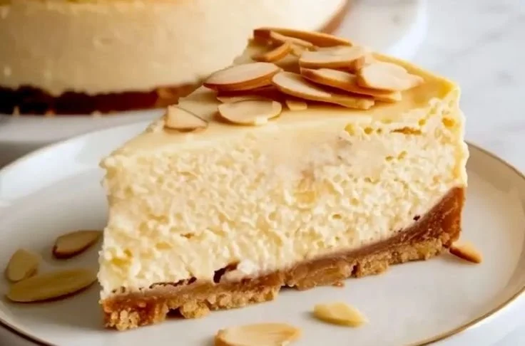 Delicious slice of Amaretto Cheesecake topped with almonds and chocolate drizzles.