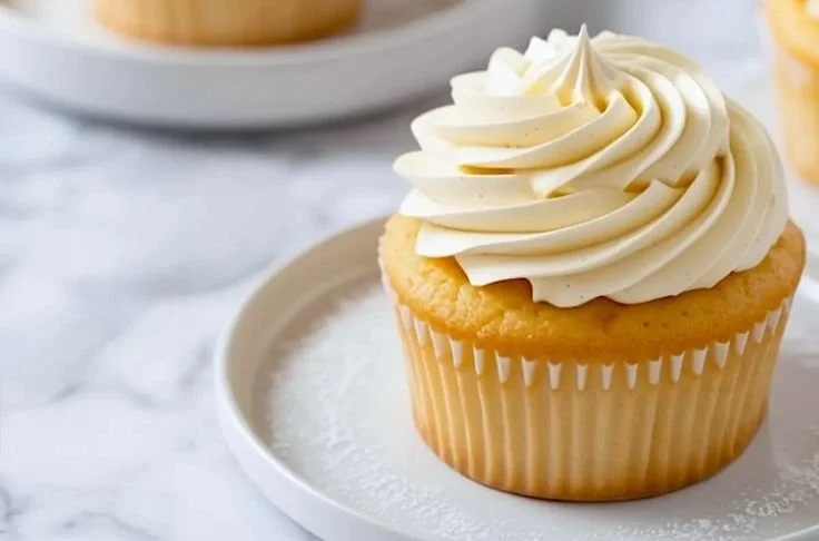 Delicious American buttercream frosting on a vanilla cake