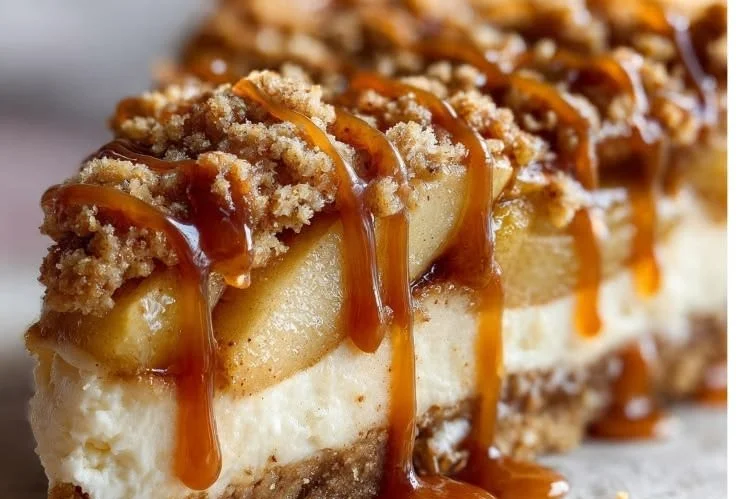 Delicious slice of homemade Apple Cheesecake topped with fresh apple slices