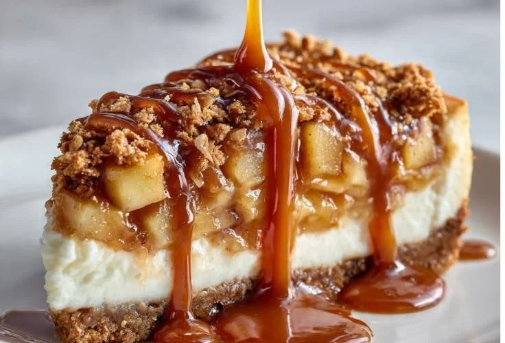 Delicious Apple Crisp Cheesecake with crumbly topping and creamy filling
