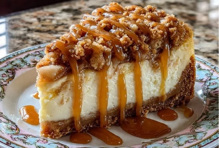 Sliced Apple Crisp Cheesecake with a crunchy topping and apple slices