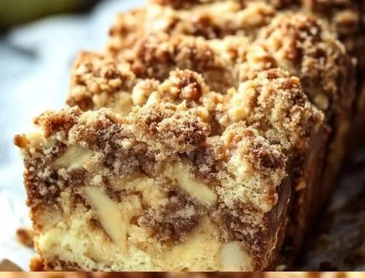 Slice of Apple Crisp Cheesecake Bread with cinnamon and apple topping