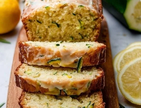 Slice of award-winning lemon zucchini bread on a wooden table