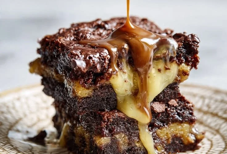 Delicious banana bread brownies served on a plate with chocolate drizzle