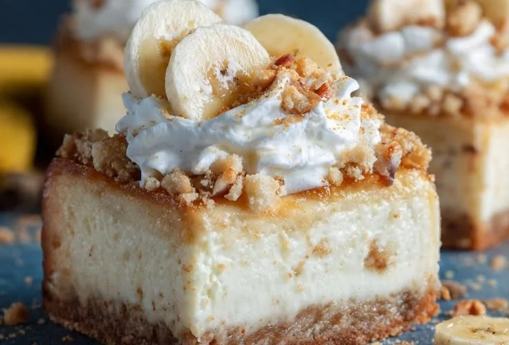 Delicious Banana Cream Cheesecake Bars with banana slices and whipped cream topping.