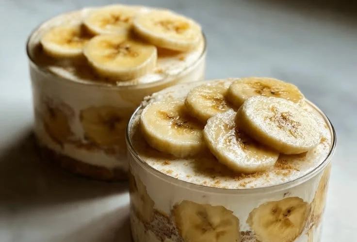 Delicious Banana Cream Cheesecake Cups topped with fresh bananas and whipped cream