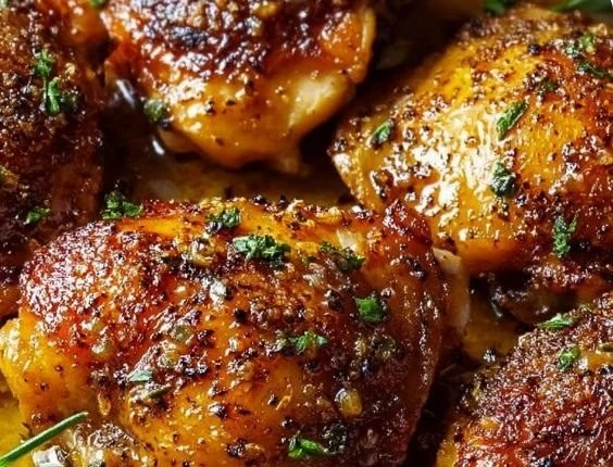 Delicious oven-baked chicken thighs served on a plate with herbs.