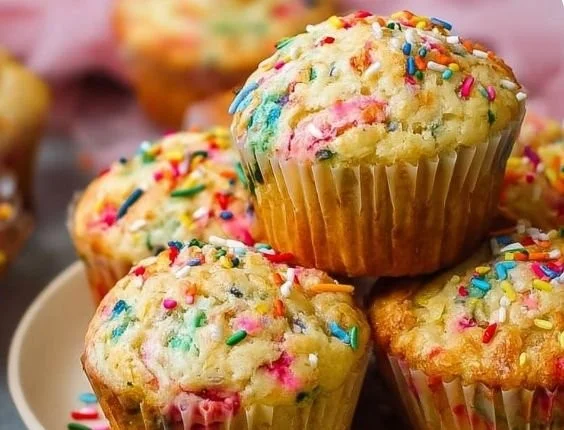 Delicious batch of vanilla funfetti muffins topped with colorful sprinkles