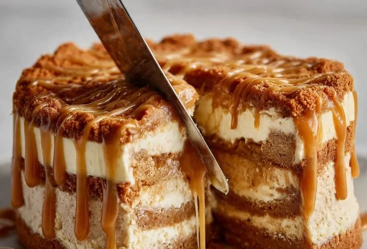 Slice of Biscoff Caramel Cheesecake topped with Biscoff spread and crumb