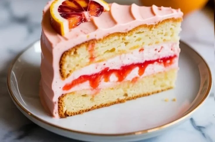 Homemade blood orange cake topped with vibrant orange slices.