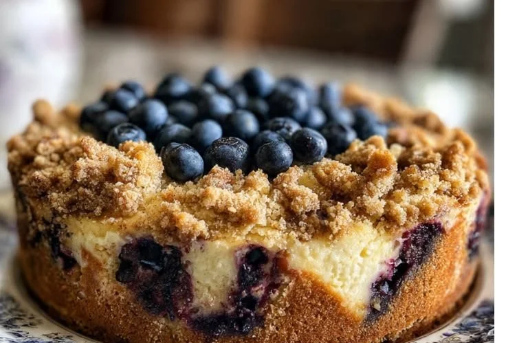 Blueberry cheesecake crumb cake with a crumbly topping and fresh blueberries.