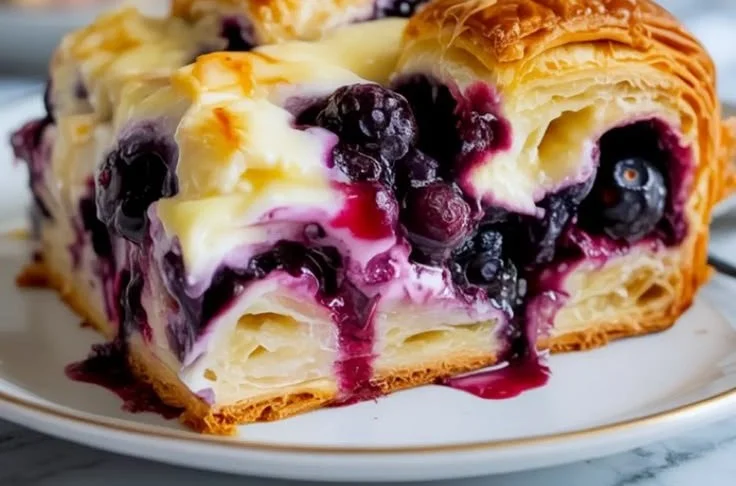 Blueberry Cream Cheese Croissant Casserole fresh out of the oven