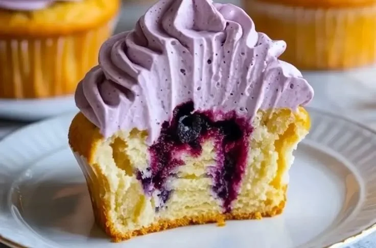 Delicious blueberry cream cheese frosting on a cupcake