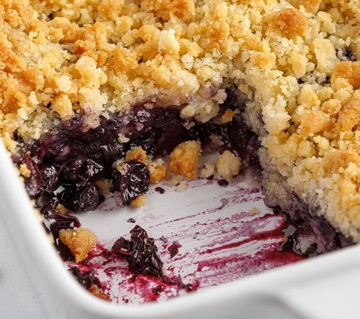 Delicious homemade Blueberry Crisp topped with oat crumble.