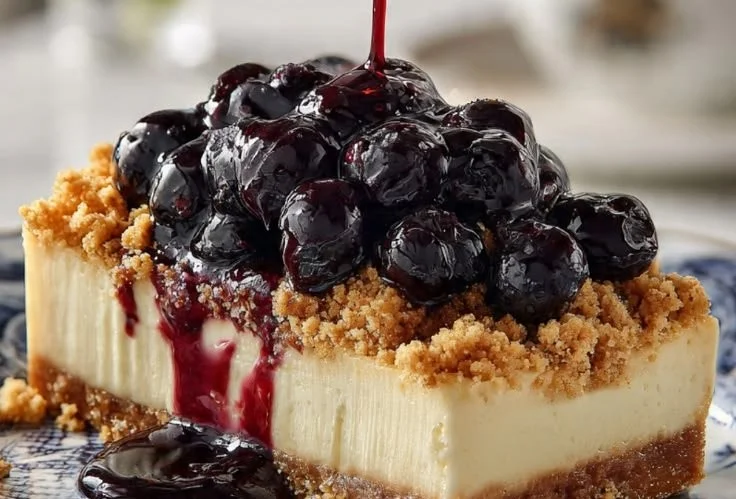 Delicious blueberry crumble cheesecake with a creamy filling and crunchy topping
