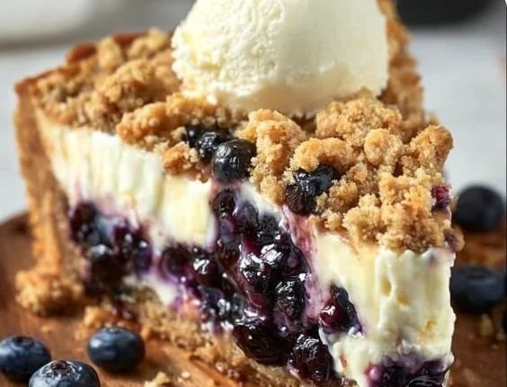 Delicious blueberry cheesecake pie with crumble topping ready to be served