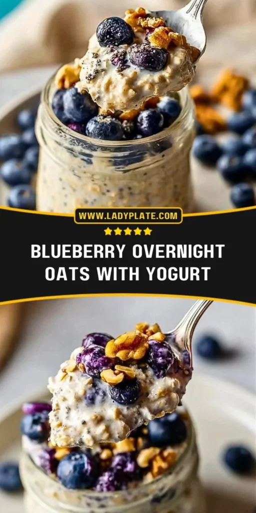 Bowl of blueberry overnight oats with yogurt and fresh blueberries on top