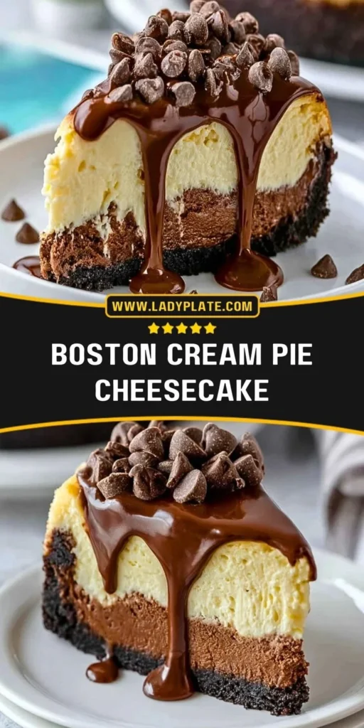 Boston Cream Pie Cheesecake topped with chocolate and vanilla layers