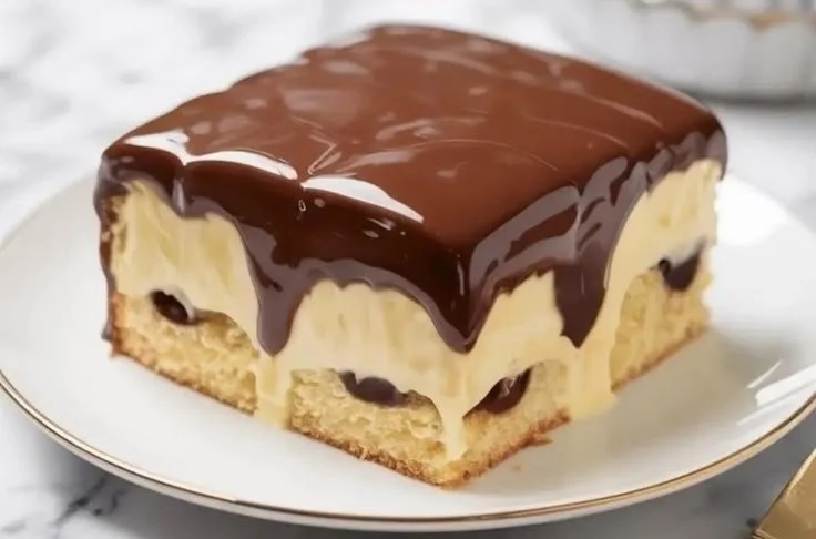 Boston Cream Pie Poke Cake topped with chocolate and creamy filling