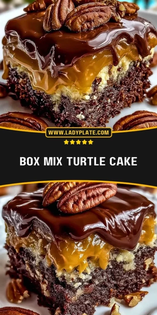 Delicious box mix turtle cake topped with caramel, pecans, and chocolate