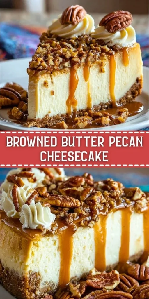 Luscious browned butter pecan cheesecake topped with pecans and caramel drizzle