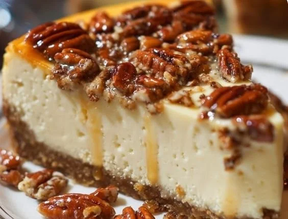 Delicious Butter Pecan Cheesecake topped with pecans and caramel drizzle