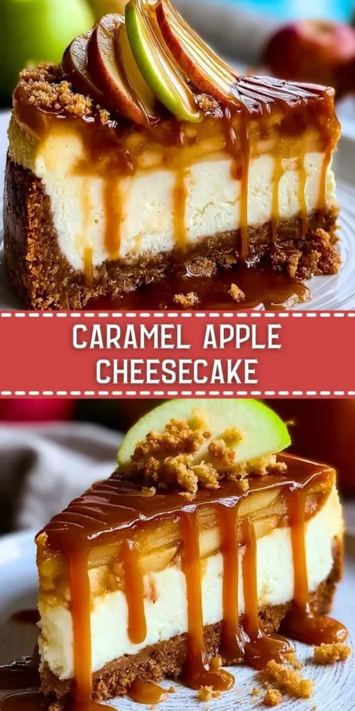 Delicious caramel apple cheesecake decorated with caramel sauce and apple slices
