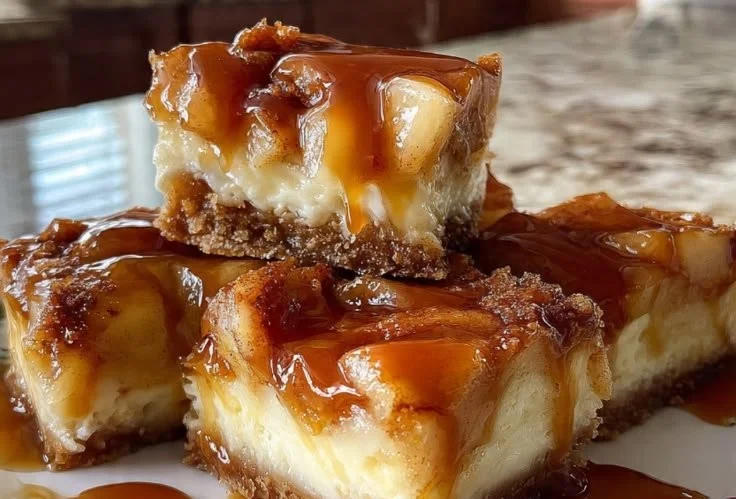 Delicious caramel apple cheesecake bars topped with caramel drizzle and apple slices.