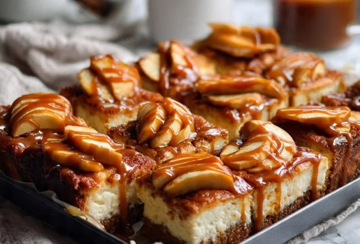 Delicious caramel apple cheesecake bars topped with caramel drizzle and apple slices.