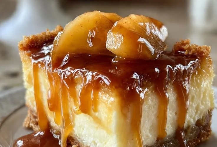 Delicious caramel apple cheesecake bars with caramel drizzle and apple slices