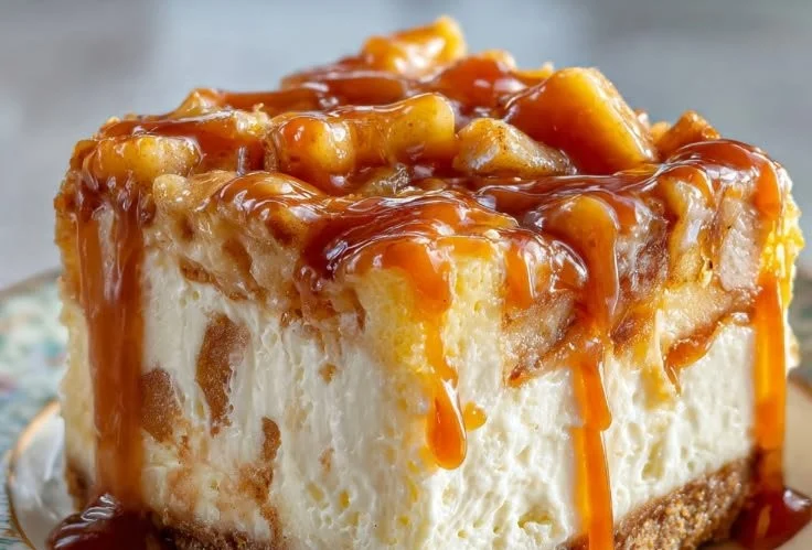 Caramel Apple Cheesecake Bars topped with caramel and apple slices