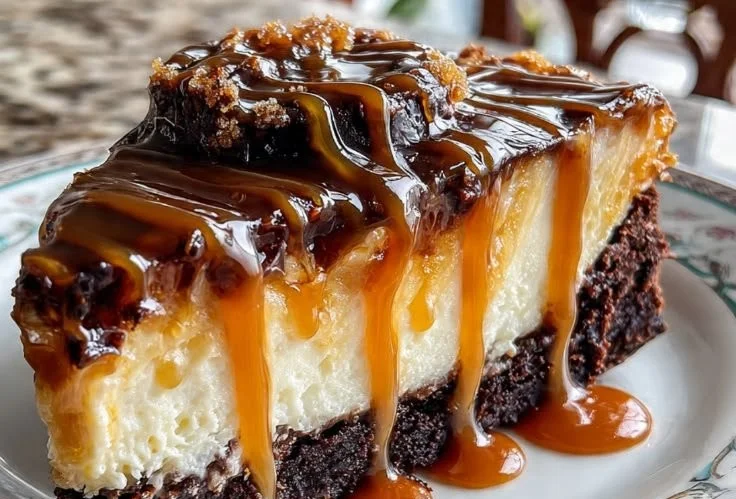 Delicious caramel brownie cheesecake topped with drizzled caramel sauce.