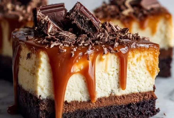 Decadent caramel brownie cheesecake topped with rich caramel sauce.
