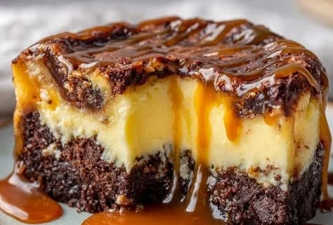 Delicious caramel brownie cheesecake with a rich, creamy layer and chocolate drizzle