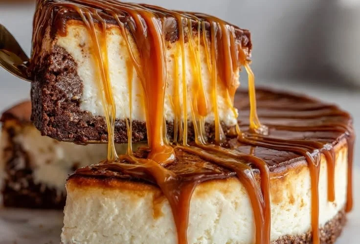 Delicious Caramel Brownie Cheesecake slice with chocolate and caramel drizzle