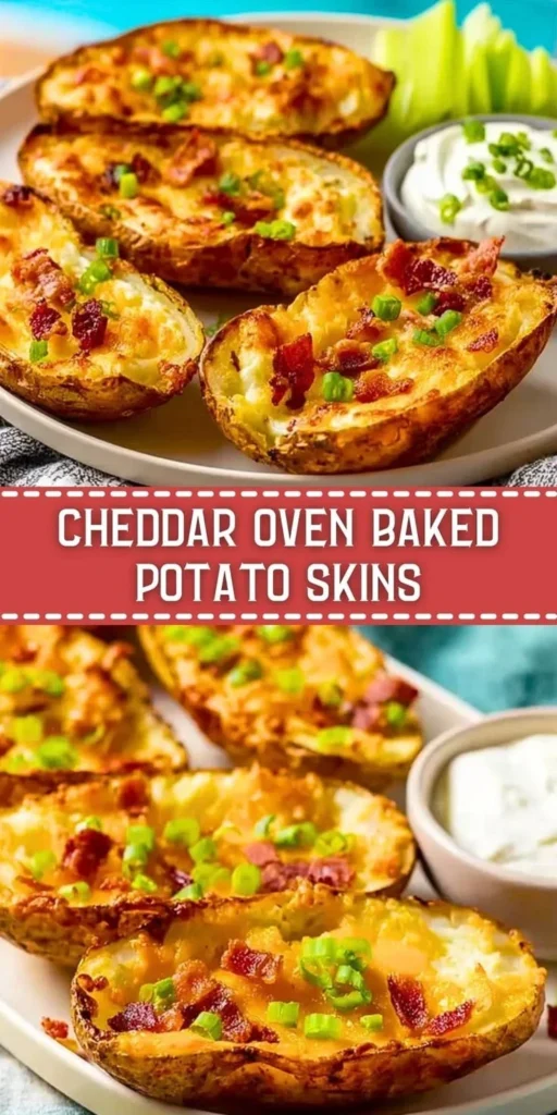 Cheddar oven baked potato skins topped with melted cheese and green onions