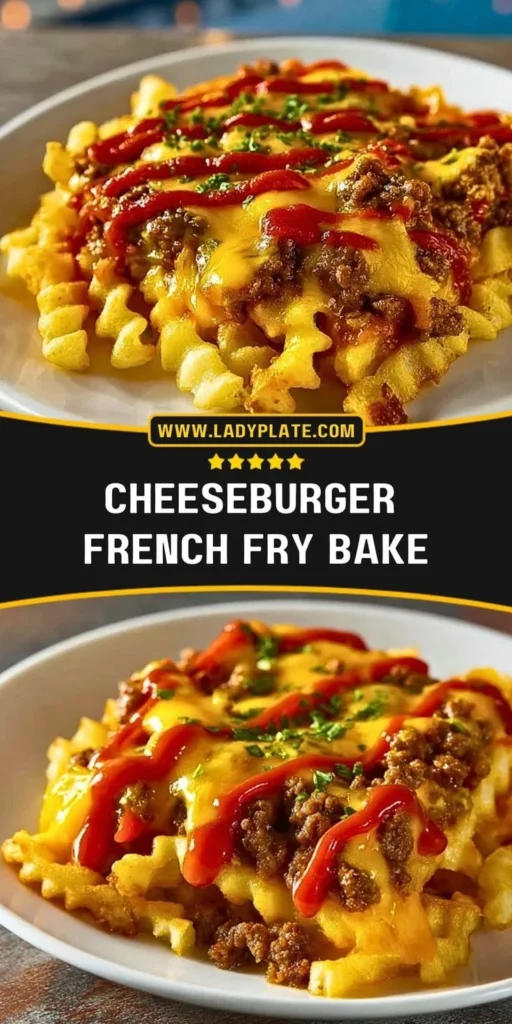 Cheeseburger Bake with French fries in a casserole dish