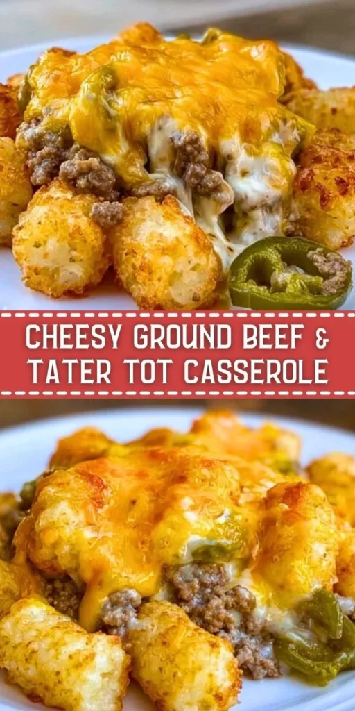 Cheesy Ground Beef and Tater Tot Casserole baked dish with melty cheese