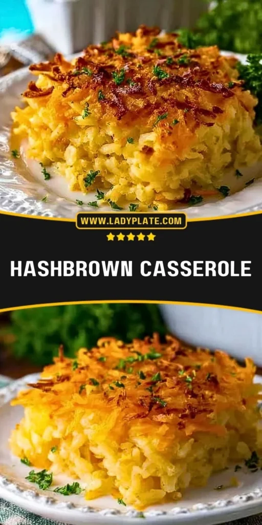 Delicious Cheesy Hashbrown Casserole topped with golden cheese and crispy edges