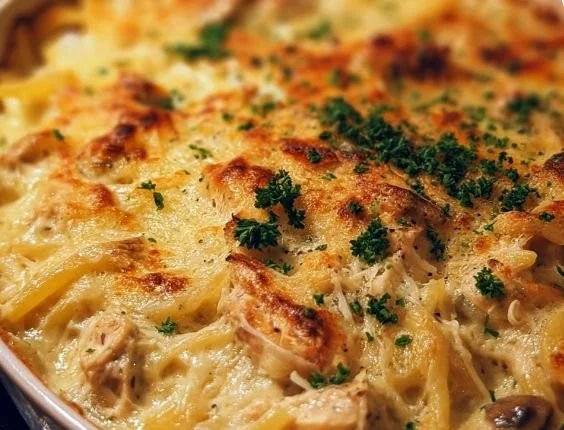 Creamy chicken tetrazzini served with pasta and cheese