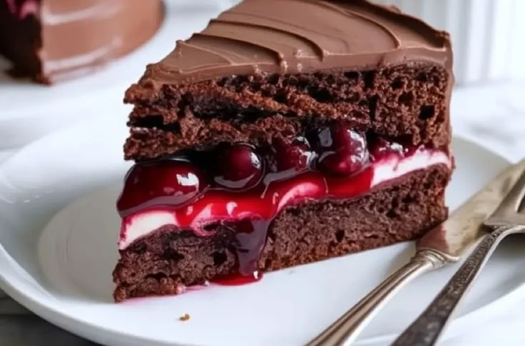 Delicious chocolate cake with cherry pie filling on a decorative plate.
