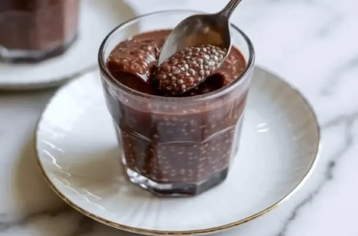 Delicious Chocolate Chia Pudding served in a bowl topped with fresh berries