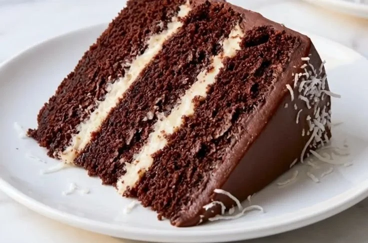 Delicious chocolate coconut cake with frosting and coconut flakes
