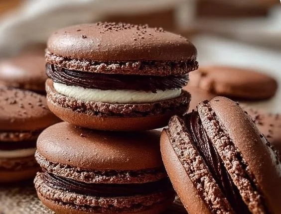 Delicious chocolate macarons arranged on a decorative plate.