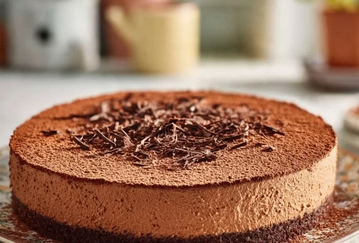 Delicious homemade Chocolate Mousse Cake topped with chocolate shavings.