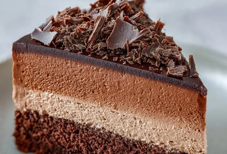 Deliciously layered Chocolate Mousse Cake topped with chocolate shavings
