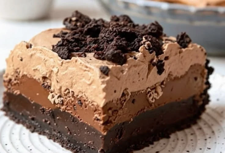 Deliciously layered Chocolate Mud Pie topped with chocolate ganache and cream