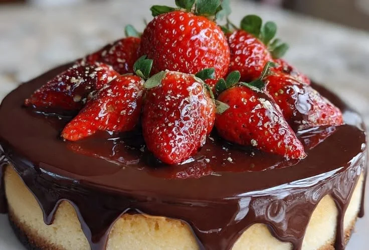 Decadent Chocolate Strawberry Cheesecake topped with fresh strawberries.