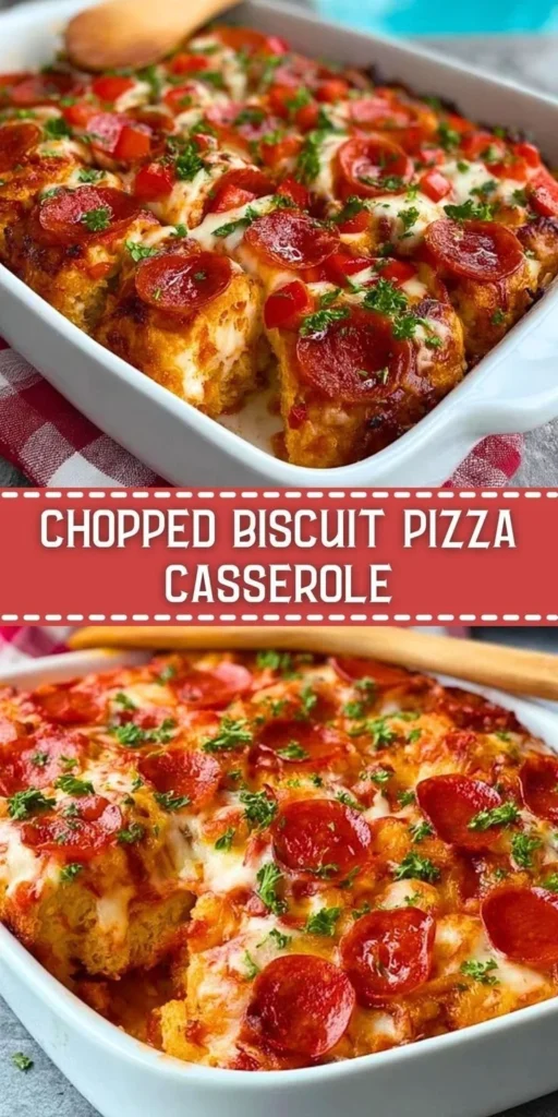 Chopped Biscuit Pizza Casserole topped with cheese and vegetables